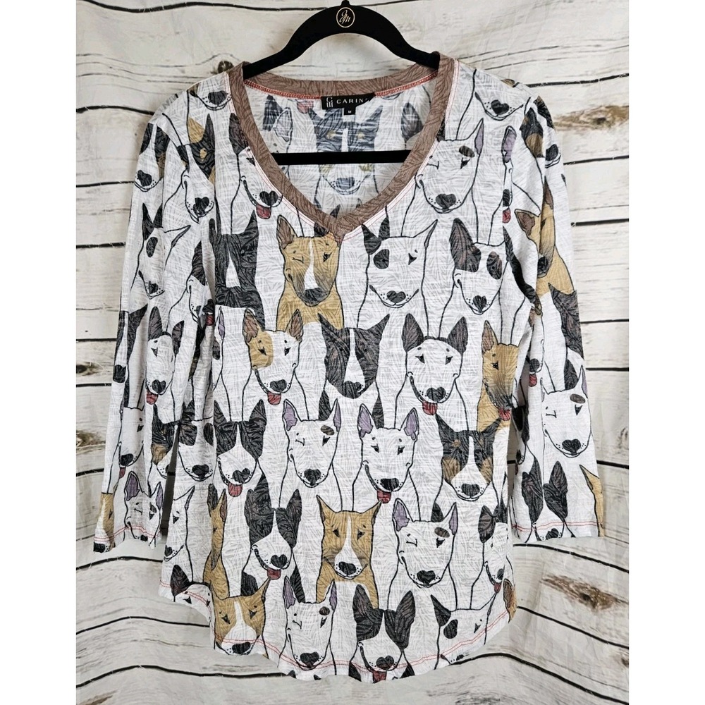 Carine Dog Print Burnout Knit Tunic Top M 3/4 Sleeves Womens V-Neck